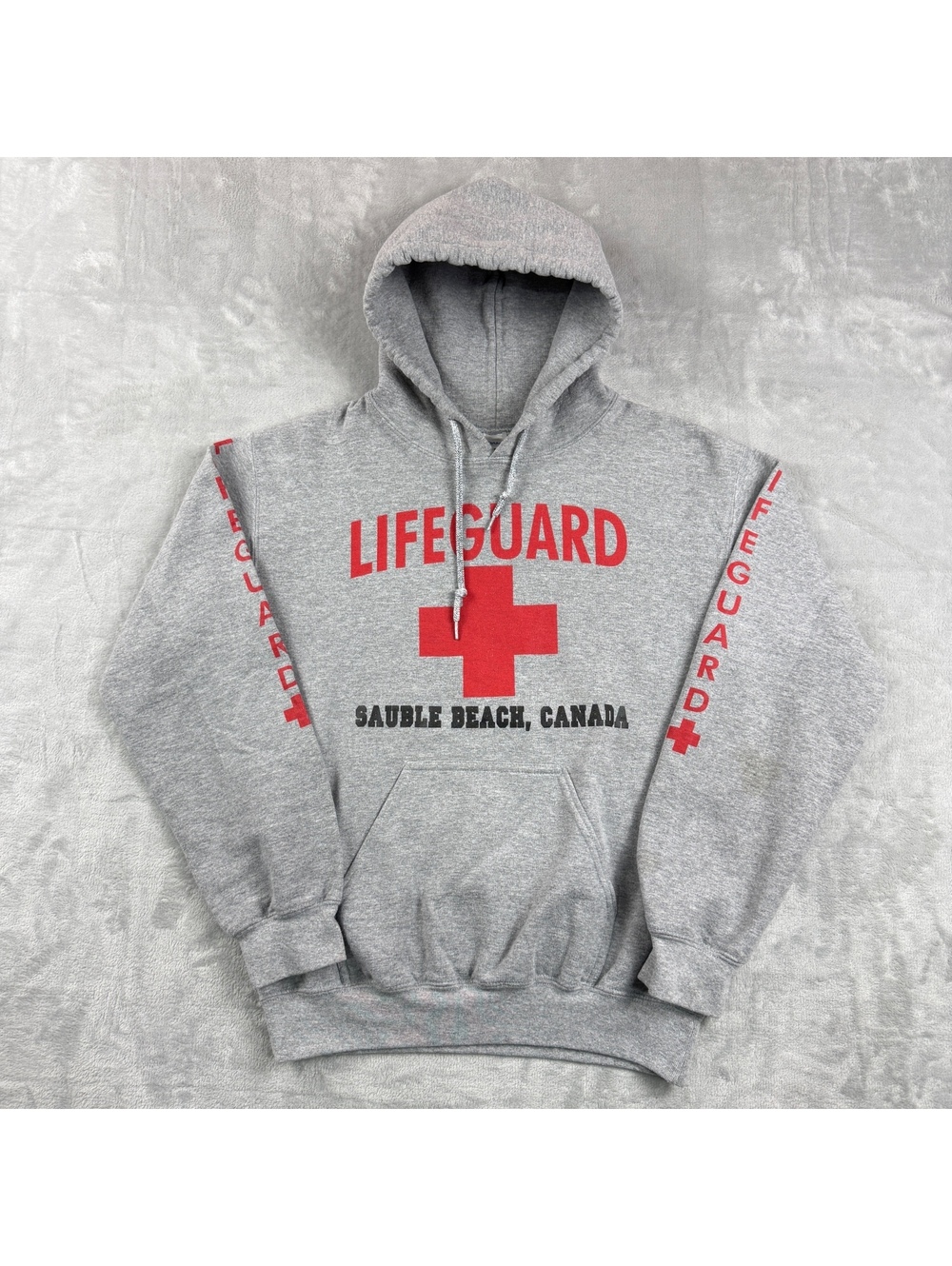 Gildan Lifeguard Sauble Beach Canada Hoodie Mens S Gray Red Cross Graphic VTG